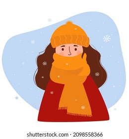 Portrait of frozen winter girl. woman in hat, wrapped up to her nose in warm scarf against background of snowflakes. Vector illustration. Character in flat style for winter design, decor.