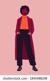 Portrait of a full-length African woman wearing a coat. Vector flat illustration