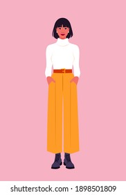 Portrait of a full-length Hispanic woman. Trendy casual outfit. Vector flat illustration