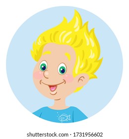 Portrait of a funny blond boy. Avatar icon in the circle. In cartoon style. Isolated on white background. Vector flat illustration.