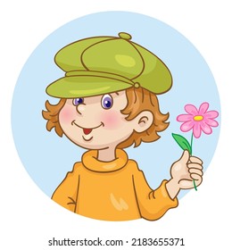 Portrait of a funny boy in a cap with a flower in his hand. Avatar icon in cartoon style. Isolated on white background. Vector illustration