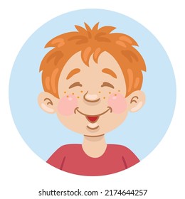 Portrait of a funny boy with freckles. Avatar icon in a circle. In cartoon style. Isolated on white background. Vector illustration.