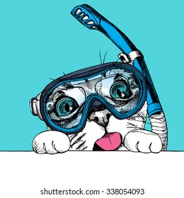 Portrait of a funny cat in diving mask with tube on blue background. Vector illustration.