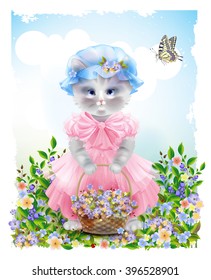 Portrait of the  funny cat dressed in  the pink frock with basket full of flowers. Summer meadow. Birthday card. Holiday congratulation. Greeting card. Beautiful landscape with butterfly. 