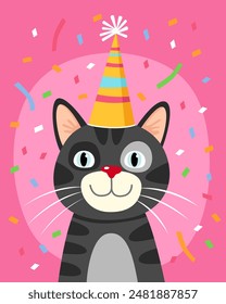 Portrait of a funny cat in a festive cap. Gray tabby cat smiles. Bright pink background, multicolored confetti. Birthday card. Cute cartoon illustration.