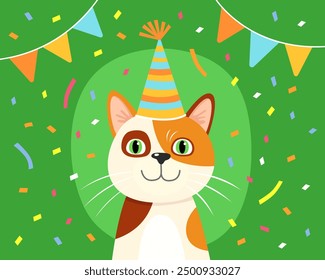 Portrait of a funny cat in a festive cap. Calico cat smiles. Bright green background, multicolored confetti, garlands. Birthday card. Cute cartoon illustration.