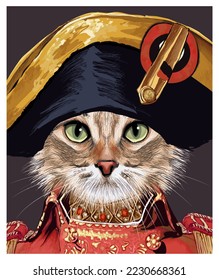 Portrait of a funny cat with a Napoleon's hat - vector illustration -  perfect for interior design, page decoration, web and other: 