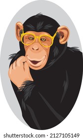 Portrait of a funny chimpanzee with eyeglasses. Vector