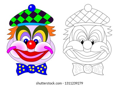 Portrait of funny clown. Colorful and black and white page for baby coloring book. Worksheet for children and adults. Vector cartoon image.