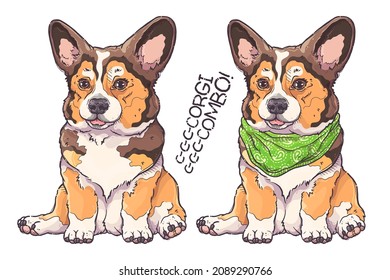 Portrait of the funny Corgi dogs with and without bandana. Corgi couple. Cute dog puppies for posters, postcards, t-shirt prints. Vector hand drawn style illustration.