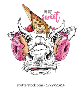 Portrait of the funny Cow in the Headphones with pink Donuts and with Ice Cream, Strawberry. Humor card, t-shirt composition, hand drawn style print. Vector illustration.