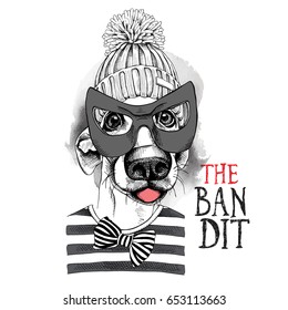 Portrait of a funny dog in a Bandit mask, Knitted Cap, striped black and white t-shirt with bow tie. Vector illustration.