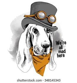 Portrait funny dog Basset Hound wearing steampunk top hat with glasses and cravat. Vector illustration.