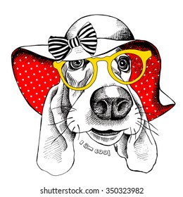 Portrait of a funny dog Basset Hound in glasses wearing red summer sun hat with bow. Vector illustration.