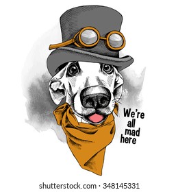 Portrait funny dog wearing steampunk top hat with glasses and cravat. Vector illustration.