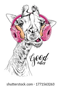 Portrait of the funny Giraffe in the Headphones with pink Donuts. Humor card, t-shirt composition, hand drawn style print. Vector illustration.