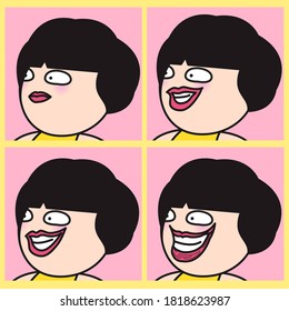 Portrait Of Funny Girl Improving Her Four Different Smiling Faces Concept Card Character illustration