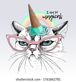 Portrait Of The Funny Grumpy Cat In The Glasses And In The Ice Cream Party Hat On A Rainbow Background. Humor Card, T-shirt Composition, Hand Drawn Style Print. Vector Illustration.