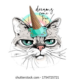 Portrait Of The Funny Grumpy Cat In The Ice Cream Party Hat On A Rainbow Background. Humor Card, T-shirt Composition, Hand Drawn Style Print. Vector Illustration.