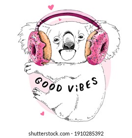 Portrait of a funny Koala in the Headphones with pink Donuts. Humor card, t-shirt composition, hand drawn style print. Vector illustration.