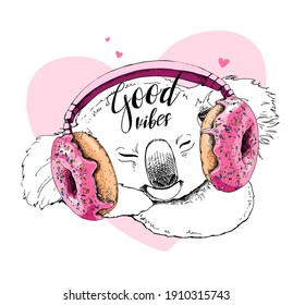 Portrait of a funny Koala in the Headphones with pink Donuts. Humor card, t-shirt composition, hand drawn style print. Vector illustration.