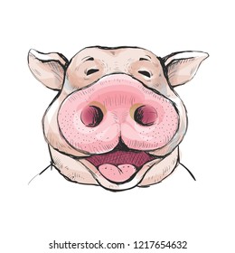 Portrait of a funny laugh boar with a big snout. Ears stick out. Watercolor style illustration