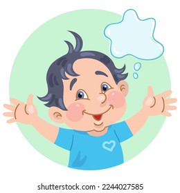 Portrait of a funny little boy with black hair. Avatar icon in circle with speech bubble. In cartoon style. Isolated on white background. Vector illustration.