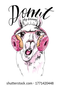 Portrait of the funny Llama in the Headphones with pink Donuts. Humor card, t-shirt composition, hand drawn style print. Vector illustration.