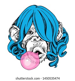 Portrait of a Funny Monkey in a blue wig and with a pink bubble gum. Humor card, t-shirt composition, hand drawn style print. Vector illustration.