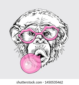 Portrait of a Funny Monkey in a Lips Sunglasses and with a pink bubble gum. Humor card, t-shirt composition, hand drawn style print. Vector illustration.
