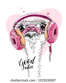 Portrait of a funny Ostrich in the Headphones with pink Donuts. Humor card, t-shirt composition, hand drawn style print. Vector illustration.