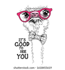 Portrait of a Funny Ostrich in a pink glasses and in a bow tie. It's good to see you - lettering quote. Humor card, t-shirt composition, hand drawn style print. Vector illustration.