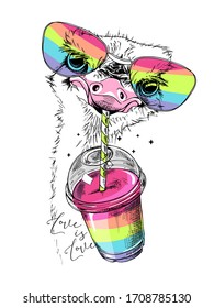 Portrait of a Funny Ostrich in a rainbow glasses with Smoothie cocktail. Humor card, t-shirt composition, hand drawn style print. Vector illustration.