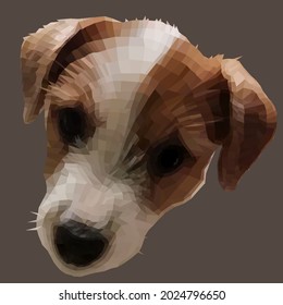 Portrait of a funny puppy of Jack Russell Terrier breed in polygonal style. Illustration of a pet - a mischievous good friend. Hanging ears, shiny eyes and a wet nose.