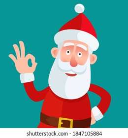 Portrait of funny Santa Claus showing gesture - everything is good, ok. Vector illustration, flat design, cartoon style, isolated background.