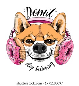 Porträt des lustigen Shiba Inu Hundes in den Kopfhörern mit rosa Donuts. Humorkarte, T-Shirt Komposition, handgezeichneter Stildruck. Vektorgrafik.