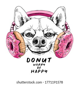 Portrait of the funny Shiba Inu dog in the Headphones with pink Donuts. Humor card, t-shirt composition, hand drawn style print. Vector illustration.