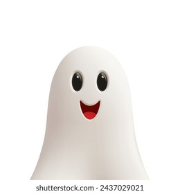 Portrait funny smiling ghost in white textile Halloween phantom dead spirit 3d icon realistic vector illustration. Happy creepy comic soul monster cute scary horror character positive face expression