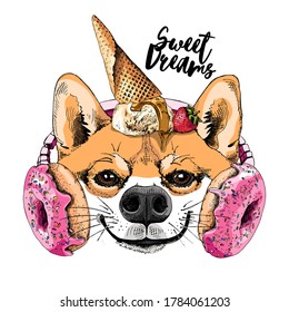 Portrait of the funny smiling Shiba Inu dog in the Headphones with pink Donuts, Ice Cream, Strawberry. Sweet dreams - lettering quote. Humor card, hand drawn style print. Vector illustration.