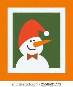 Portrait of funny smiling snowman in red hat. Colorful vector  illustration with grain texture.
