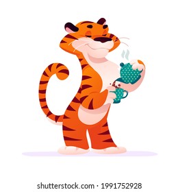 Portrait of funny tiger character with coffee pot and cup in his paws isolated on white background. Flat cartoon style. For company mascot, banner, advertising, web ad, sale tag, card, logo design.