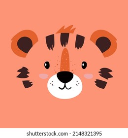 Portrait of a funny tiger in a flat style. Animal or wild cat face, social media profile photo design. Vector illustration on an isolated background.