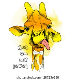 Portrait of a funny yellow giraffe in a tie. Vector illustration.