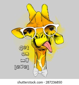 Portrait of a funny yellow giraffe in a tie with glasses. Vector illustration.