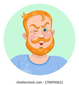 Portrait of a funny young man with a red beard. Avatar icon in the circle. Isolated on white background. Flat style. Vector illustration.