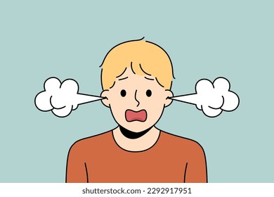 Portrait of furious boy with steam coming from ears suffer from anger and emotions. Mad child feel angry and annoyed with emotional control. Vector illustration. 