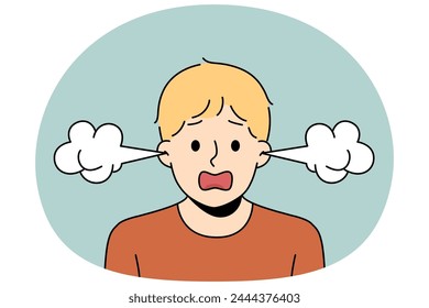 Portrait of furious boy with steam coming from ears suffer from anger and emotions. Mad child feel angry and annoyed with emotional control. Vector illustration.