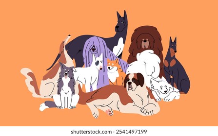 Retrato de amigos peludos de diferentes razas caninas. Grupo divertido de perritos grandes felices, cachorros de gran baile, borzoi, akita inu, dobermann, border collie, st bernard. Ilustración vectorial plana