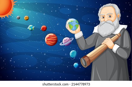 Portrait of Galileo Galilei in cartoon style illustration