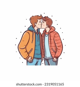 portrait of gay Couple being loving and happy. Two gay boys kissing. Pride community concept. Hand drawn Vector illustration. Isolated on white background, flat colors, outline 